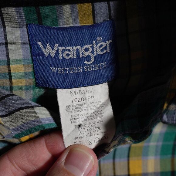 VTG Wrangler Plaid Pearl Snap Short Sleeve Top Green Yellow Men M Western Rodeo‎ - Picture 2 of 4